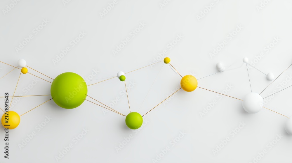 Obraz premium Abstract 3D molecular network structure with green and yellow spheres connected by gold lines. Science and technology concept backdrop.