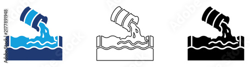 Multicolor Water Pollution Pipe Icon Set with Filled and Outline Styles for Wastewater Discharge Environmental Contamination Industrial Pollution and Water Quality Management