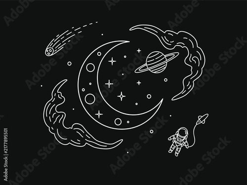 Celestial Space Scene Line Art Illustration—Ideal for Poster and Wall Art Design