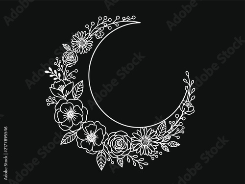 Floral Crescent Moon Wreath Line Art Illustration—Ideal for Wedding and Boho Design