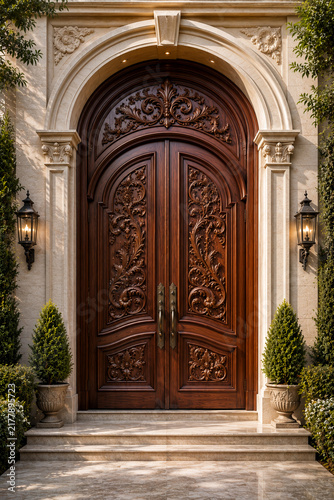 Elegant Mahogany Mansion Door with Intricate Hand-Carved Floral Patterns