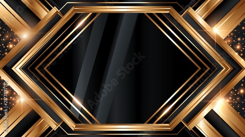 Ornate geometric design featuring gold lines and sparkling particles on a dark background.