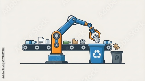 Robotic Arm Sorting Recyclable Waste on Conveyor Belt into Bins