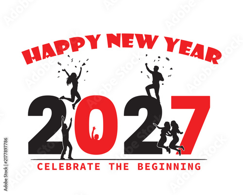 Silhouettes of celebrating people form the numbers two zero two seven