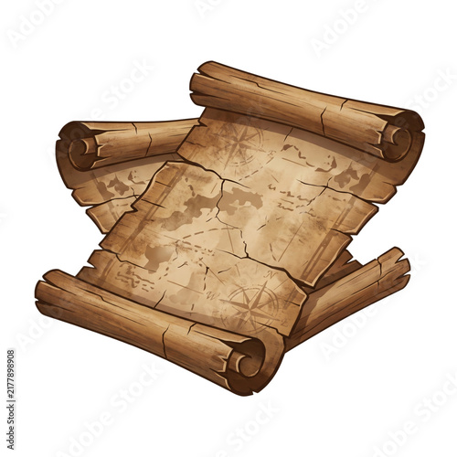 Antique parchment treasure map with rolled edges