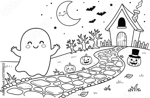 A spooky halloween scene a friendly ghost waves near a haunted house under a crescent moon and flying bats