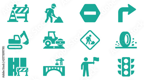 Flat teal road construction and traffic management icons featuring an excavator, steamroller, worker digging, traffic light, bridge building, safety cone, and various warning signs.