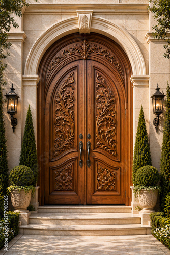 Classic Arched Oak Mansion Door with Ornate Botanical Carved Wood Design