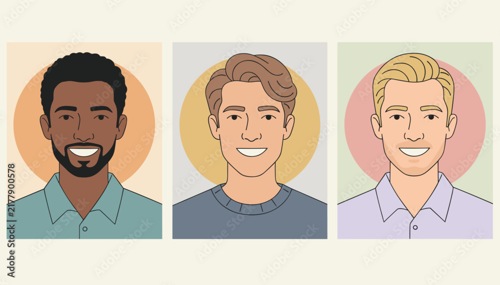 Fototapeta premium Set of three diverse male headshot avatars in circle frames featuring smiling men with different hair colors.