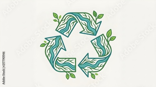 Recycling Symbol Decorated with Nature Water Waves and Green Leaves