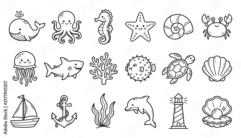 Obraz premium Cute hand drawn ocean elements set with marine animals and nautical icons vector illustration