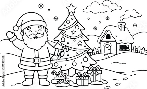 A delightful winter scene featuring santa claus a christmas tree presents and a cozy house perfect for coloring fun