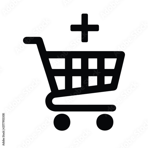 Shopping cart with plus sign icon representing adding products in black minimalist design.