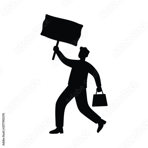 Man silhouette holding sign and bag black vector icon for protest or shopping concept.