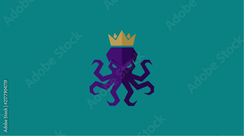 Purple Geometric Octopus King Mascot Logo with Golden Crown