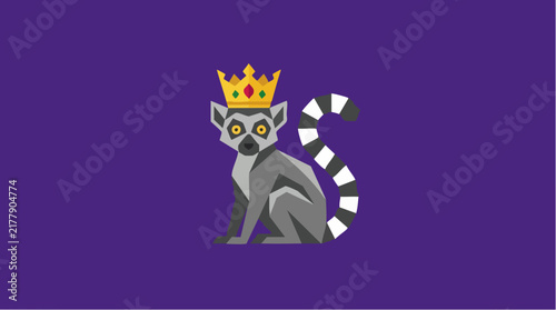 Geometric Ring-Tailed Lemur King Mascot with Golden Crown