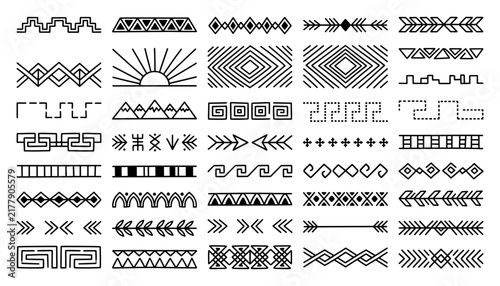 Set of black and white tribal borders and ethnic graphic design elements isolated on white background