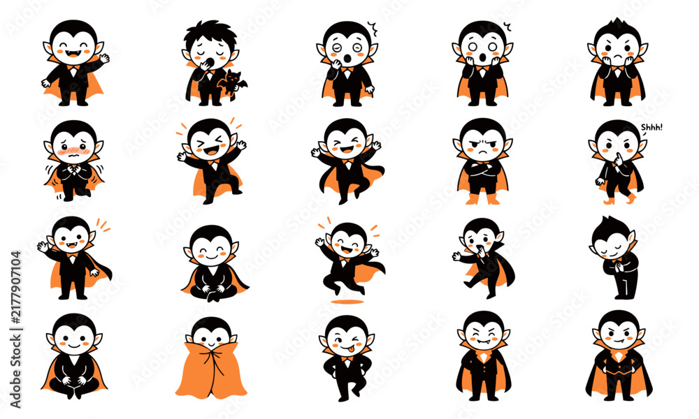 Obraz premium Set of cute cartoon vampire character illustrations showing various funny poses and expressions for halloween themed graphic design projects