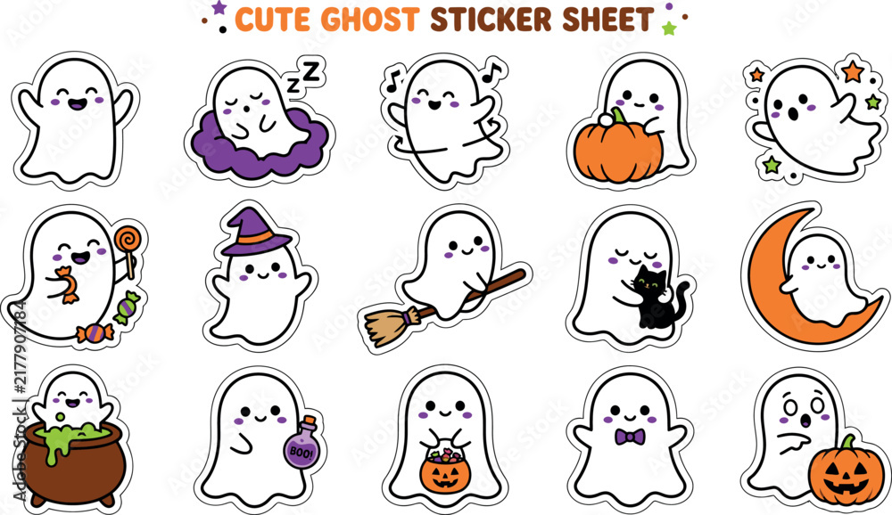 Fototapeta premium A collection of cute ghost stickers featuring various halloween themes like pumpkins witches hats and black cats for decoration