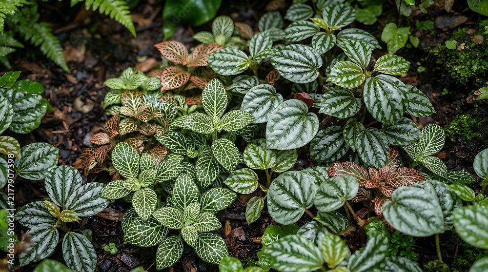 Obraz premium Lush tropical foliage and variegated plants growing on a damp forest garden floor