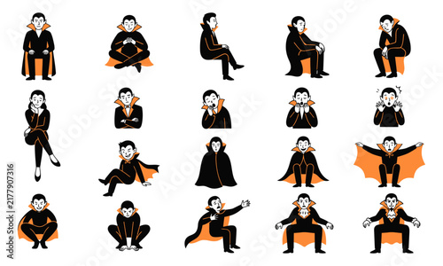 A collection of various vampire character illustrations featuring different poses and expressions for halloween design projects and themes