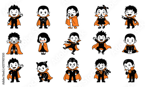 Set of cute cartoon vampire characters showing various emotions and poses for halloween themed design projects and stickers