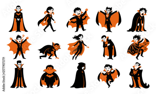 Set of cute cartoon vampire characters in various poses and expressions for halloween themed design projects and stickers