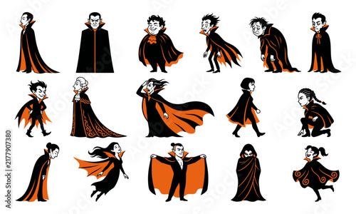 A collection of cute cartoon vampire characters in various poses for halloween decorations and spooky party design projects
