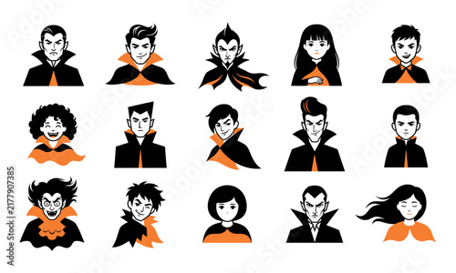 A collection of various hand drawn vampire character portraits isolated on a white background for halloween designs