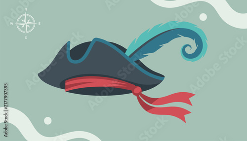 Classic dark pirate hat decorated with a long teal feather and a red ribbon sash on a green maritime background.