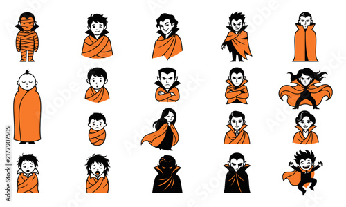 Collection of cute cartoon vampire characters in orange cloaks isolated on a white background for halloween design