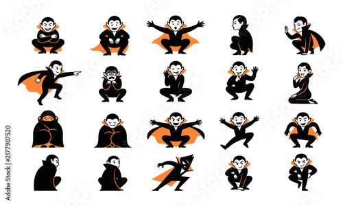 A collection of cute cartoon vampire character stickers featuring various poses and expressions for fun halloween decoration projects