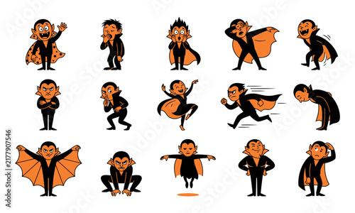 Set of cute cartoon vampire characters in various poses and expressions for halloween themed graphic design projects