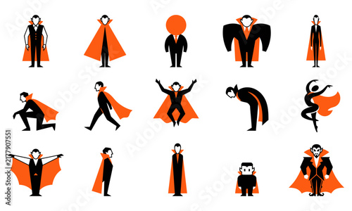 Set of various cartoon vampire character poses and actions isolated on a clean white background for design