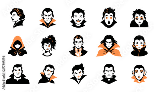 Collection of hand drawn ink style vampire character portraits with various expressions and gothic clothing styles isolated
