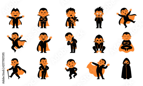 A collection of cute cartoon vampire characters displaying various funny emotions and poses for halloween design projects