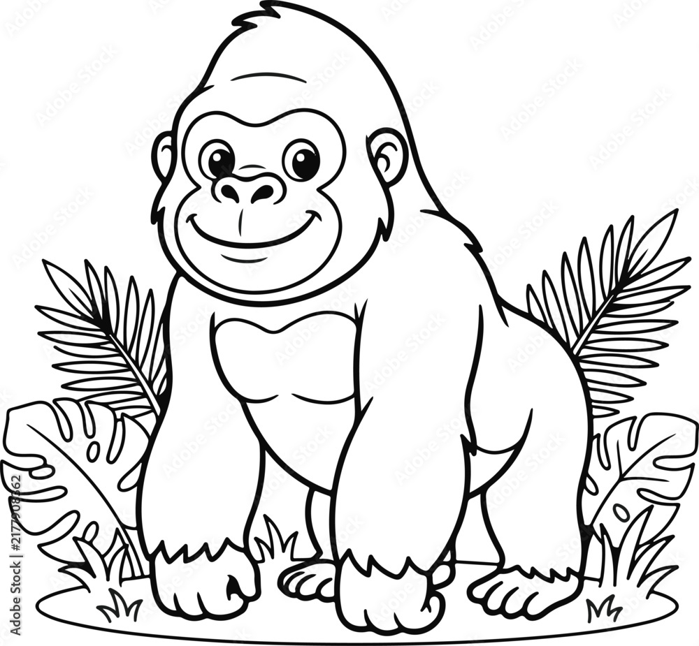 Obraz premium Cute cartoon gorilla standing in the jungle, black and white coloring page for kids