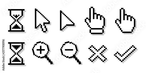 Pixel pointer cursor сomputer mouse icon set. Pixel clicking cursor, pointing hand clicks, arrows click cursor, pixel magnifying glass, hourglass, check mark, cross mark. Vector Illustration.