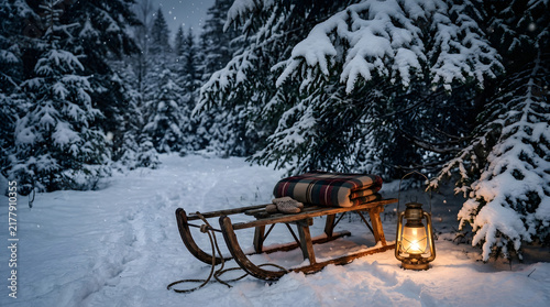 Vintage Sled and Lantern in Snowy Forest.