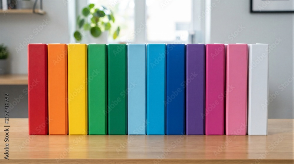 Obraz premium Colorful book spines arranged on wooden tabletop in office