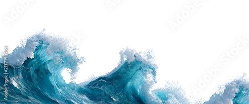 Foto Powerful blue ocean waves crashing with white sea foam splash isolated on transp