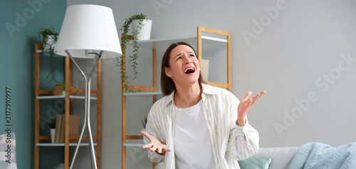 Fotografía Burnout and mental health crisis, stressed woman feeling overwhelmed and frustra