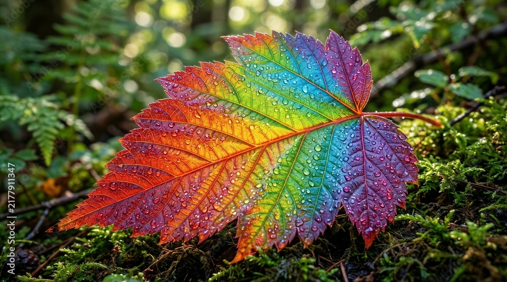 Obraz premium Vibrant rainbow leaf covered in dew on mossy forest floor