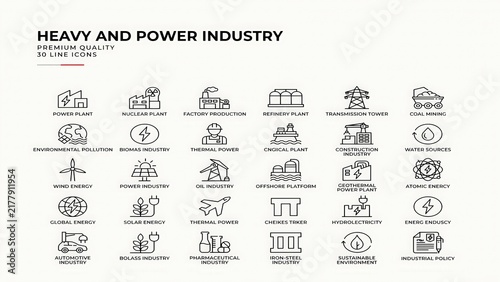 Heavy industry and power plant infrastructure outline icon collection with industry manufacturing infrastructure
