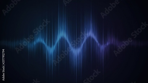 Blue digital sound wave signal visualization on a black background with frequency vibration technology abstract