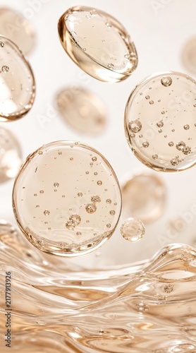 Abstract cosmetic serum texture with floating bubbles and liquid gel drops.