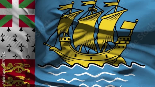 Closeup Saint Pieme and Miquelon Flag Wave Loop waving in wind Realistic Saint Pieme and Miquelon Flag background