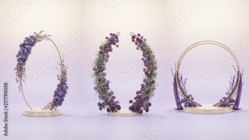Decorative wedding arches decorated with purple flowers on a soft gradient background