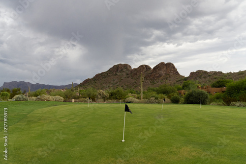 Scenic Arizona golf course featuring lush green fairways surrounded by rugged Sonoran Desert vegetation, saguaro cacti, rocky terrain and mountain views under a clear blue sky.
