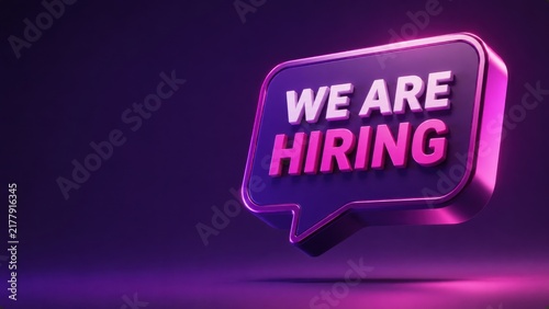 Purple and pink we are hiring speech bubble on dark, glowing background.